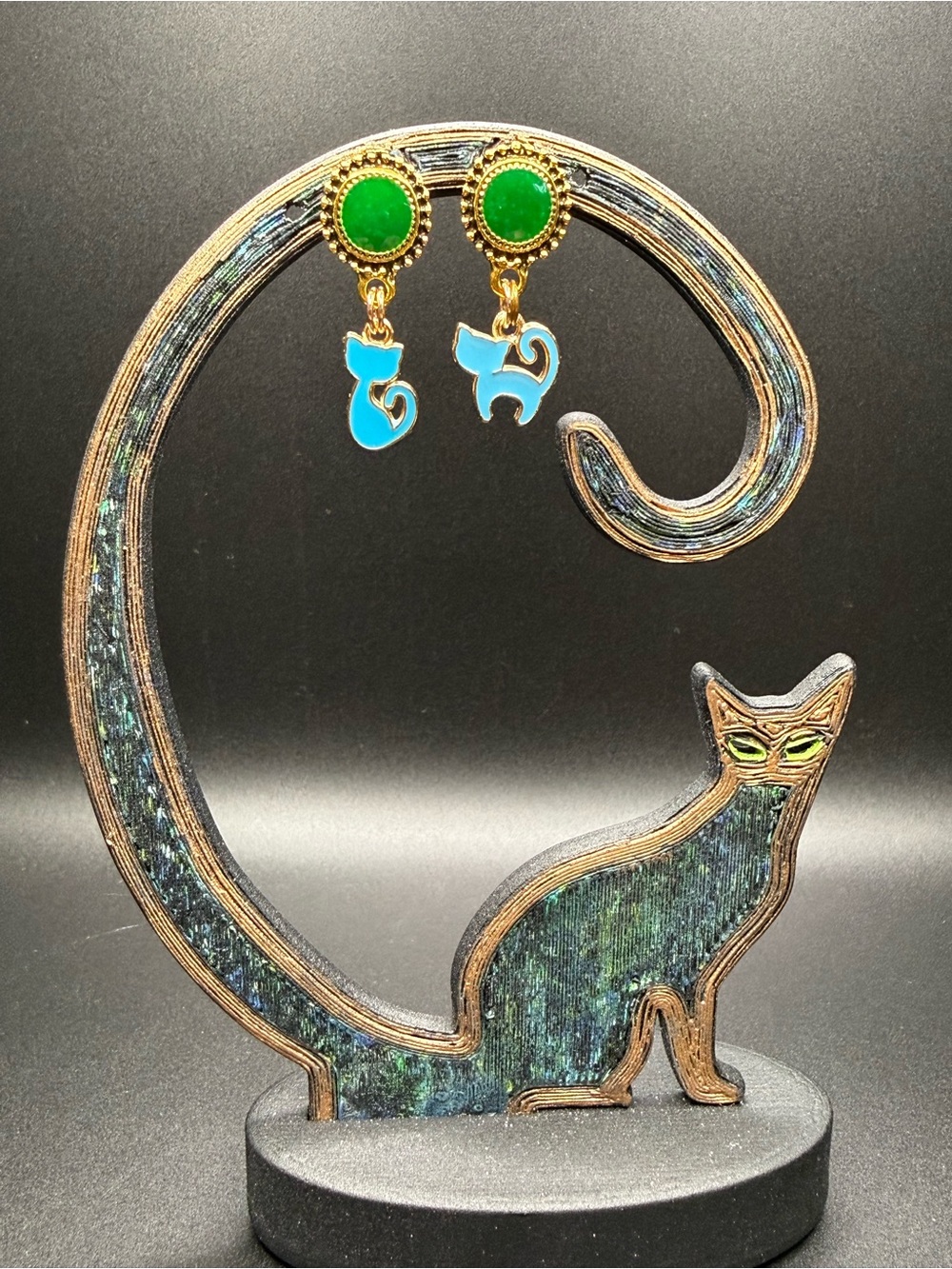 Green and Blue Cat Dangle Earrings